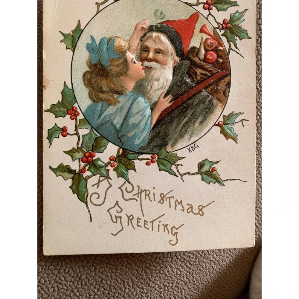 VTG Old World Germany‎ Christmas Postcard Santa Claus Holly KBG Signed Embossed